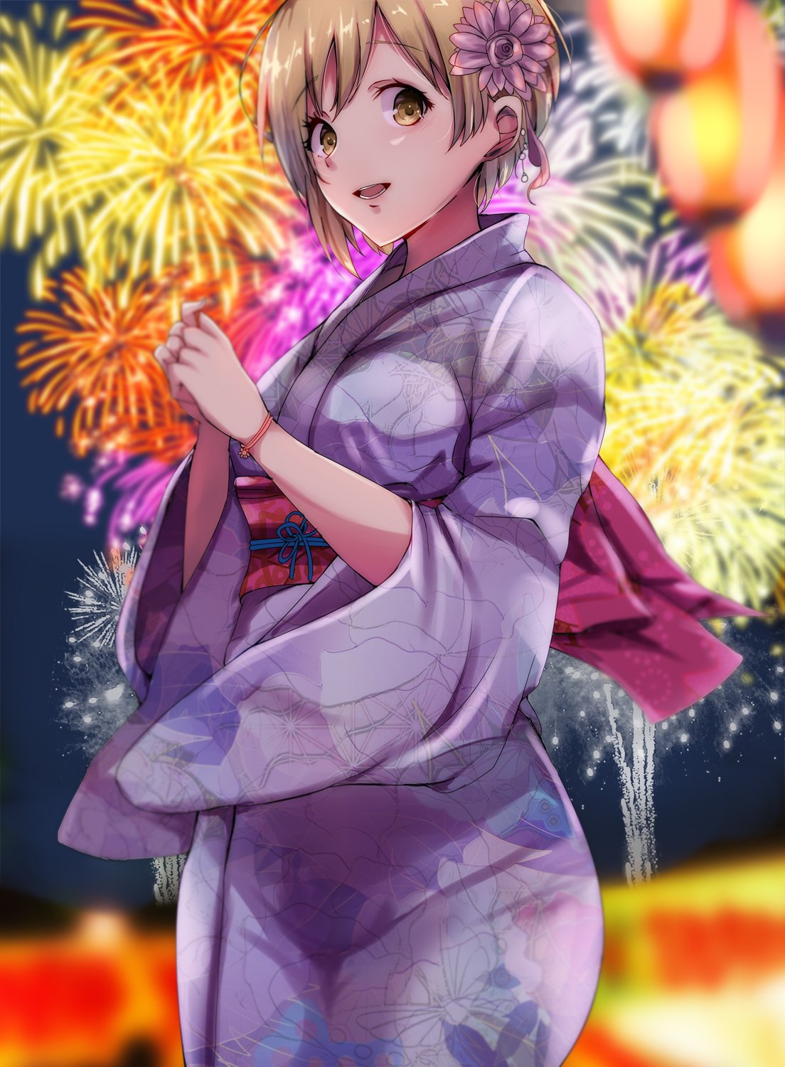 10s 1girl aiba_yumi asymmetrical_hair blonde_hair blue_kimono bracelet brown_eyes commentary_request fireworks flower hair_flower hair_ornament highres hips idolmaster idolmaster_cinderella_girls japanese_clothes jewelry kimono looking_at_viewer looking_to_the_side night obi open_mouth outdoors ryuu. sash short_hair smile solo wide_sleeves
