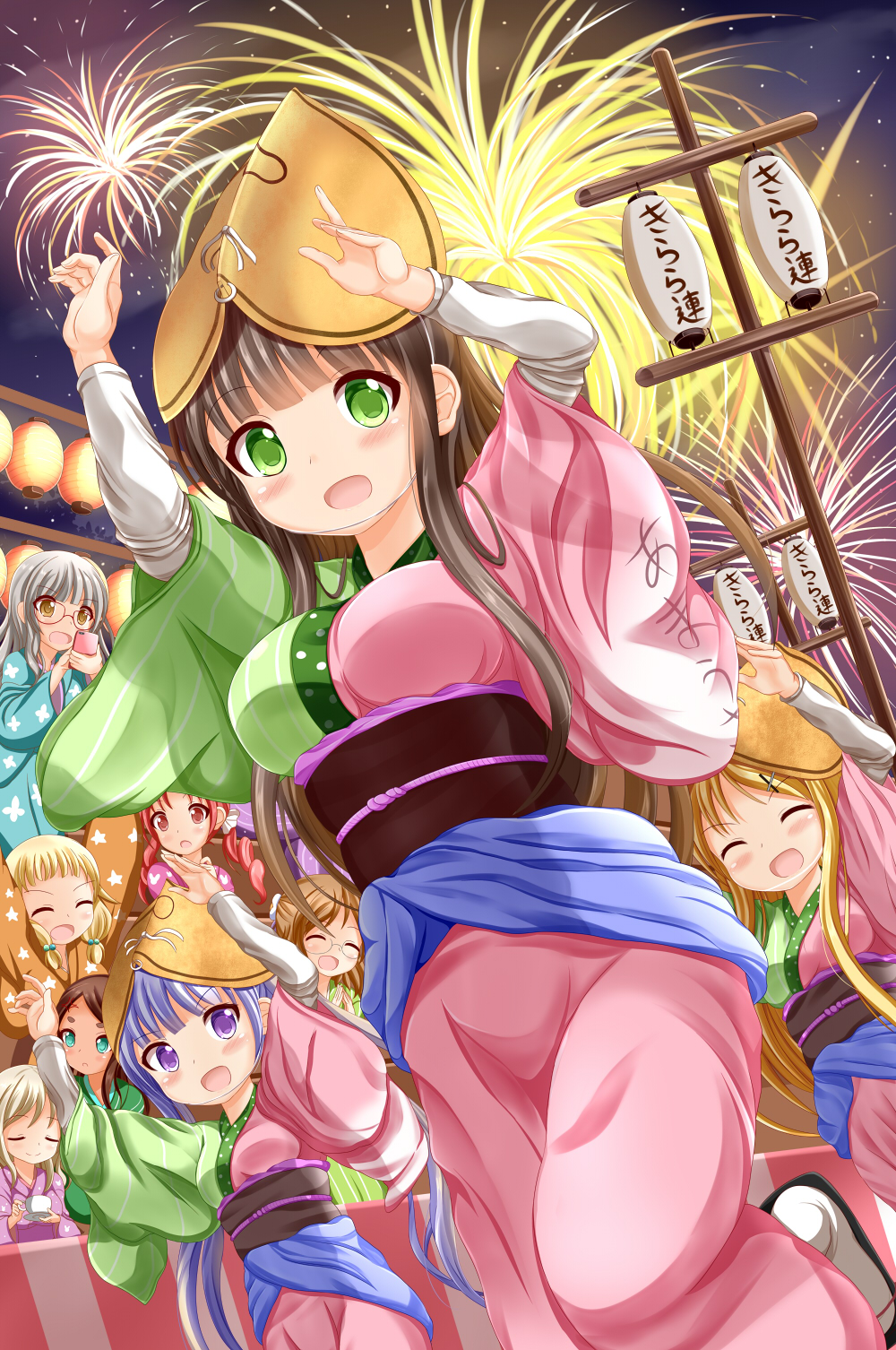 6+girls awa_odori_tokushima blonde_hair blush breasts brown_eyes brown_hair cellphone character_request dark_skin fireworks glasses gochuumon_wa_usagi_desu_ka? green_eyes grey_hair hair_ornament hairclip highres holding holding_cellphone holding_phone kin-iro_mosaic kujou_karen large_breasts long_hair looking_at_viewer multiple_girls new_game! open_mouth phone purple_hair smartphone smile suzukaze_aoba ujimatsu_chiya x_hair_ornament zenon_(for_achieve)