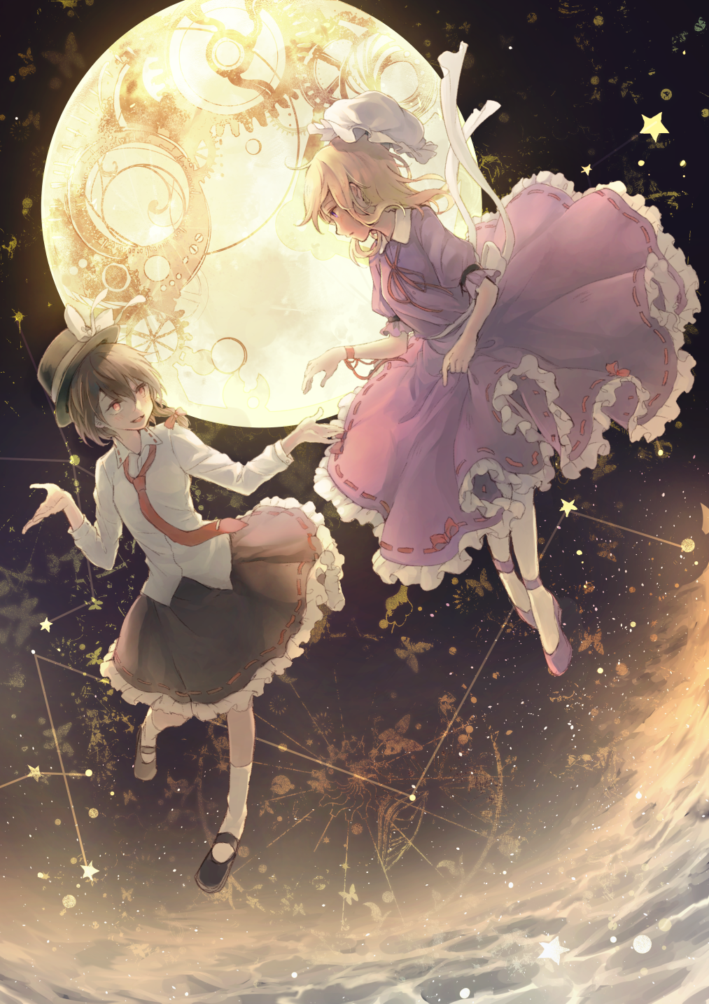 2girls black_hat black_shoes black_skirt blouse bow brown_hair full_moon gensou_aporo hair_bow hat hat_bow highres long_sleeves looking_at_another maribel_hearn mary_janes mob_cap moon multiple_girls necktie pantyhose puffy_sleeves purple_shoes purple_skirt red_bow red_eyes red_necktie ribbon-trimmed_skirt ribbon_trim sash shoes skirt skirt_set smile socks star touhou usami_renko violet_eyes water white_blouse white_bow white_hat white_legwear wing_collar