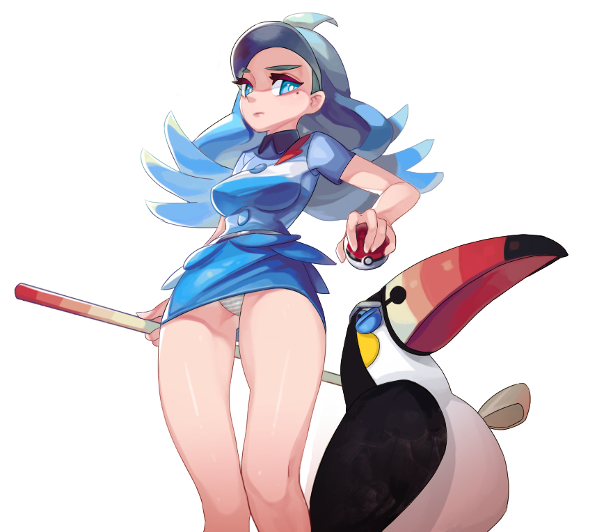 1girl blue_eyes blue_hair breasts elite_four golf_club kahili_(pokemon) mole mole_under_eye panties pantyshot pantyshot_(standing) poke_ball pokemon pokemon_(creature) pokemon_(game) pokemon_sm short_sleeves simple_background skirt standing striped striped_panties toucannon underwear visor_cap white_background