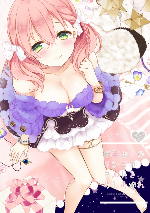 1girl amiko_(frostedchocolate) atelier_(series) atelier_escha_&amp;_logy bare_shoulders barefoot black_skirt blush bow bracelet braid breasts cleavage closed_mouth collarbone copyright_name cover cover_page doujin_cover envelope escha_malier flower frills gift green_eyes hair_bow jewelry large_breasts layered_skirt looking_at_viewer necklace pink_hair purple_sweater rating short_hair short_twintails sitting skirt smile solo thighlet twintails white_bow white_skirt