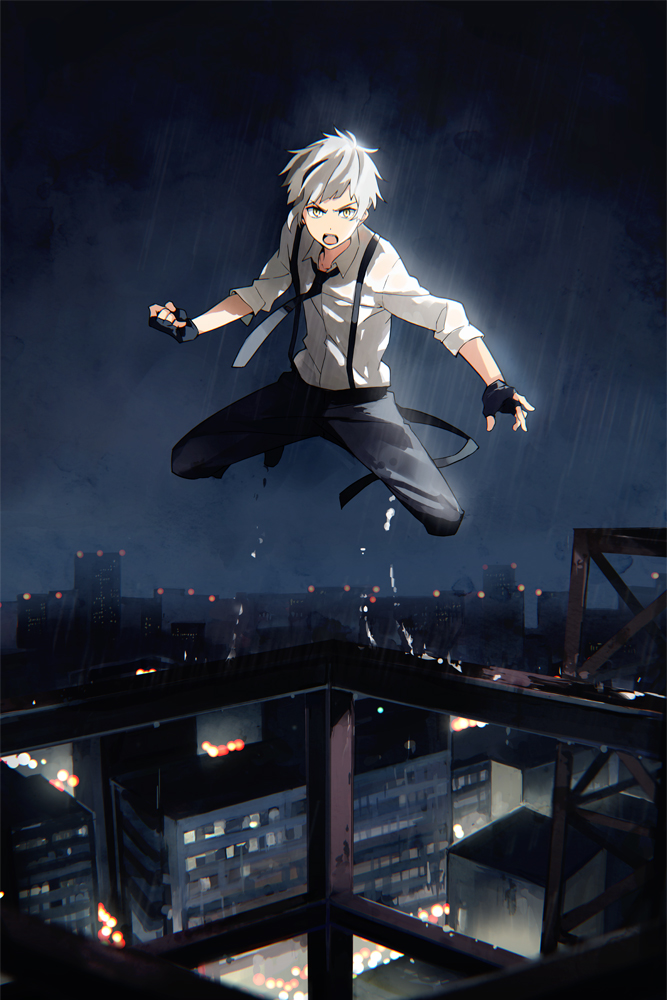 10s 1boy building bungou_stray_dogs clouds cloudy_sky fingerless_gloves gloves male_focus nakajima_atsushi_(bungou_stray_dogs) necktie night night_sky open_mouth rain silver_hair sky solo suspenders takerusilt water white_hair yellow_eyes
