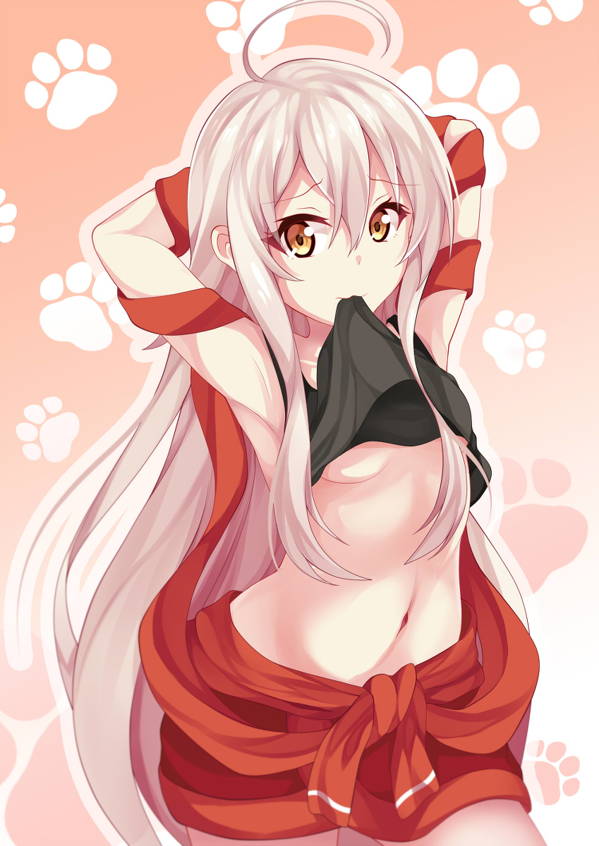 1girl 3: ahoge armpits arms_up backless_outfit bangs bare_arms beige_background black_shirt blonde_hair breasts chiya_(urara_meirochou) chrisandita closed_mouth crop_top crop_top_overhang cropped_legs dog_paws eyebrows eyebrows_visible_through_hair eyelashes gradient gradient_background hair_between_eyes hakama_skirt highres holding japanese_clothes lifted_by_self long_hair looking_at_viewer medium_breasts midriff miniskirt mouth_hold navel no_bra open_mouth orange_eyes paws pink_background red_ribbon red_skirt ribbon shirt sidelocks silver_hair simple_background skirt sleeveless sleeveless_shirt smile solo standing stomach tank_top upper_body urara_meirochou very_long_hair white_hair