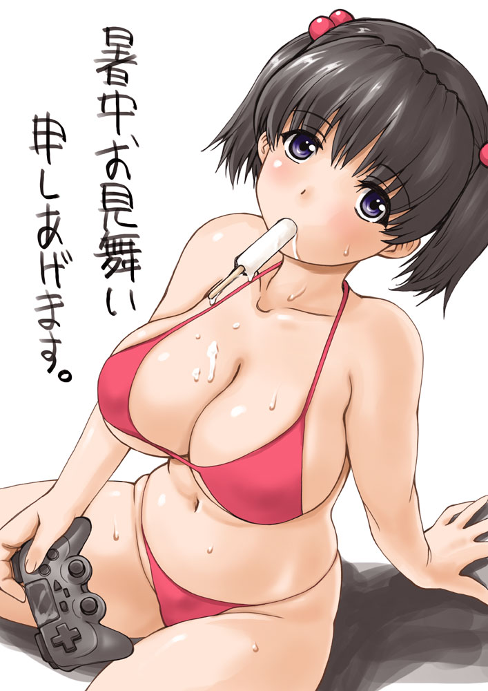 1girl arm_support bikini black_eyes black_hair breasts controller food game_controller hair_bobbles hair_ornament ishida_masayuki large_breasts looking_at_viewer mouth_hold navel original popsicle red_bikini shochuumimai short_hair simple_background sitting solo swimsuit translated twintails white_background