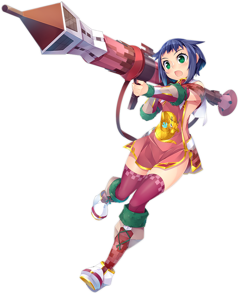 1girl :o anping_kohou(oshiro_project) bazooka blue_hair boots detached_sleeves full_body green_eyes holding holding_weapon kokka_han official_art oshiro_project oshiro_project_re purple_legwear short_hair thigh-highs transparent_background weapon