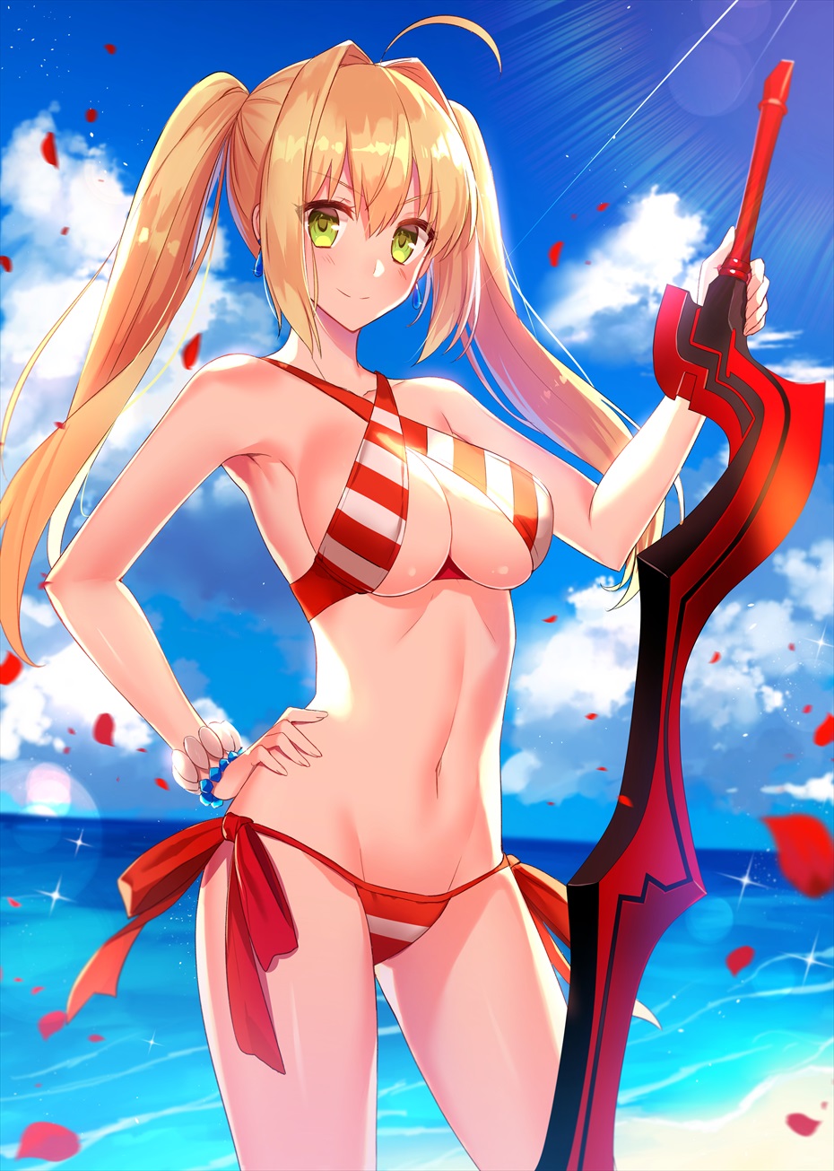 1girl aestus_estus ahoge bangs beach bikini blonde_hair blue_sky blush bracelet breasts cleavage closed_mouth clouds cloudy_sky collarbone cowboy_shot criss-cross_halter day diffraction_spikes fate/grand_order fate_(series) fuyuki_(neigedhiver) green_eyes green_hair hair_between_eyes hair_intakes halterneck hand_on_hip highres holding holding_sword holding_weapon jewelry large_breasts lens_flare light_rays long_hair looking_at_viewer navel nero_claudius_(swimsuit_caster)_(fate) ocean outdoors petals red_bikini side-tie_bikini sidelocks sky smile solo sparkle standing striped striped_bikini sunbeam sunlight swimsuit sword thighs tsurime twintails weapon white_bikini