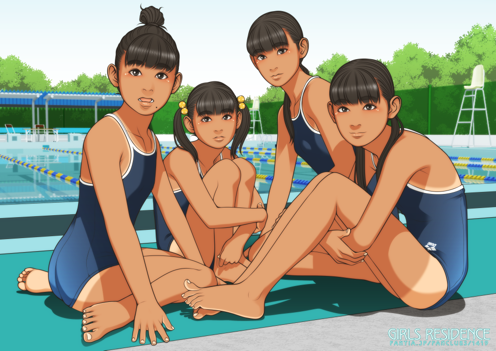 4girls ass barefoot blush breasts feet long_hair looking_at_viewer mole mole_under_mouth multiple_girls ponytail pool school_swimsuit shinchou_ni_kansuru_kousatsu sitting small_breasts smile soles swimsuit tan tanline toes twintails wariza