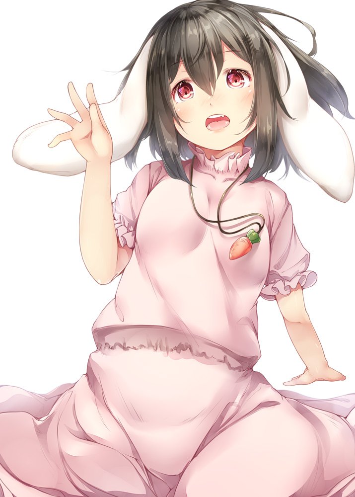 1girl animal_ears bangs black_hair blush carrot_necklace cowboy_shot dress eyebrows_visible_through_hair floppy_ears hair_between_eyes hand_up inaba_tewi looking_at_viewer open_mouth pink_dress pink_eyes rabbit_ears short_hair short_sleeves simple_background solo sugiyuu touhou white_background