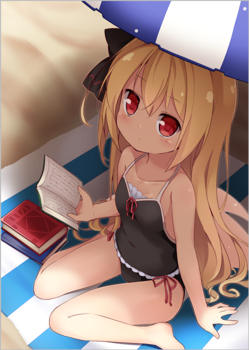 1girl baku_ph barefoot beach beach_umbrella black_swimsuit blonde_hair book casual_one-piece_swimsuit collarbone fairy_wings from_above knees_together_feet_apart lily_black lily_white long_hair looking_up one-piece_swimsuit reading red_eyes ribbon side_ponytail sitting solo swimsuit touhou towel umbrella very_long_hair wings