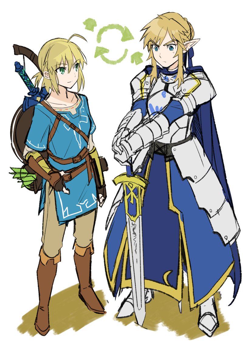 1boy 1girl ahoge armor armored_dress arrow artoria_pendragon_(all) blonde_hair blue_cape blue_clothes blue_dress blue_eyes blue_ribbon blue_shirt boots bow brown_boots brown_pants cape closed_mouth collarbone cosplay costume_switch crossdressinging directional_arrow dress excalibur fate/stay_night fate_(series) faulds fingerless_gloves full_body gauntlets gloves green_eyes hair_between_eyes hair_bun hair_ribbon hand_on_belt hands_together holding holding_sword holding_weapon link link_(cosplay) long_dress looking_at_another looking_down master_sword neck nintendo pants pointy_ears ribbon saber saber_(cosplay) serious shield shimo_(s_kaminaka) shirt short_hair smile standing sword the_legend_of_zelda the_legend_of_zelda:_breath_of_the_wild tunic type-moon weapon white_background