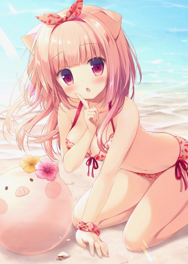 1girl :o animal_ears ball bangs beach beachball bikini blush cherry_print commentary_request finger_to_face flower food_print front-tie_bikini front-tie_top hair_ribbon hairband hermit_crab index_finger_raised leaning_forward long_hair looking_at_viewer midriff miyasaka_nako navel original pig pig_ears pink_hair ribbon rowa_(canvas+garden) scrunchie seiza side-tie_bikini sitting solo swimsuit violet_eyes wrist_scrunchie