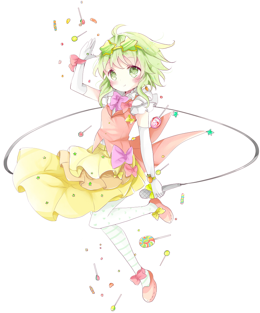 1girl ahoge ankle_bow ankle_ribbon arm_up belt blush bow bowtie brown_vest cable candy commentary_request elbow_gloves eyebrows_visible_through_hair food frilled_shirt frills full_body glasses glasses_on_head gloves green_eyes green_hair gumi heart heart_print holding holding_microphone jelly_bean layered_skirt lollipop looking_at_viewer microphone mismatched_legwear pantyhose pink_bow pink_bowtie pink_ribbon pink_shoes pleated_skirt pout print_legwear purple_bow ribbon shirt shoe_bow shoes sidelocks skirt sleeveless sleeveless_shirt solo star star-shaped_glasses striped striped_legwear swirl_lollipop tsukiyo_(skymint) vest vocaloid white_background white_gloves white_legwear white_shirt wrist_ribbon yellow_bow yellow_skirt