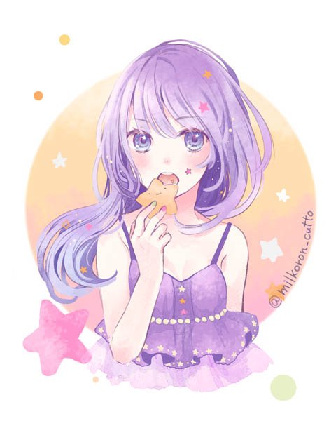 1girl bangs bare_arms bare_shoulders blue_eyes blue_hair blush breasts cleavage commentary_request cookie dress eyebrows_visible_through_hair food holding holding_food long_hair looking_at_viewer medium_breasts millcutto open_mouth original purple_dress solo star twitter_username