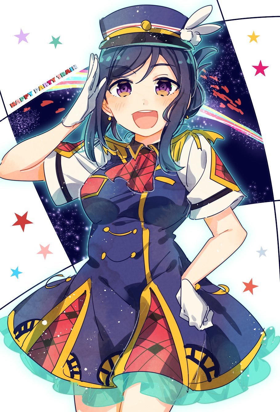 1girl :d ascot blue_hair cowboy_shot dress earrings epaulettes folded_ponytail gloves hand_on_hip happy_party_train hat highres jewelry looking_at_viewer love_live! love_live!_sunshine!! matsuura_kanan open_mouth peaked_cap salute short_sleeves smile solo song_name star ton_tokoto train_conductor uniform violet_eyes white_gloves