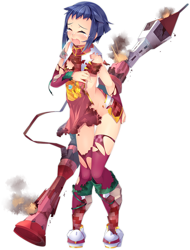 1girl anping_kohou(oshiro_project) bazooka blue_hair boots closed_eyes crying detached_sleeves full_body holding holding_weapon kokka_han official_art open_mouth oshiro_project oshiro_project_re purple_legwear short_hair thigh-highs torn_clothes torn_thighhighs transparent_background weapon