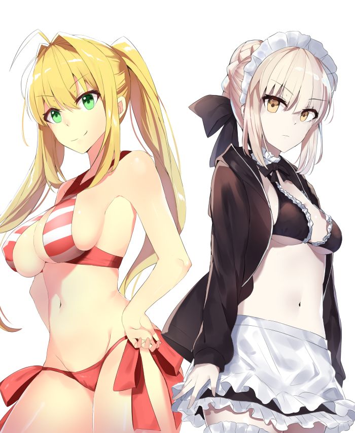 10s 2girls 714_(leg200kr) ahoge apron artoria_pendragon_(all) back-to-back bangs bare_shoulders bikini black_bikini_top black_bow black_jacket black_skirt blonde_hair bow braid breasts cleavage collar expressionless eyebrows_visible_through_hair fate/extra fate/grand_order fate/stay_night fate_(series) frilled_apron frilled_bikini frilled_collar frilled_legwear frilled_skirt frills green_eyes hair_bow hair_bun hair_intakes halterneck hands_on_hips hips hood hoodie jacket long_hair looking_at_viewer looking_to_the_side maid_headdress medium_breasts multiple_girls navel neck_ribbon nero_claudius_(swimsuit_caster)_(fate) open_clothes open_jacket pale_skin red_bikini red_bow ribbon saber saber_alter saber_extra side-tie_bottom sideboob silver_hair simple_background skirt small_breasts smile striped striped_bikini swimsuit thighs twintails waist waist_apron white_background yellow_eyes