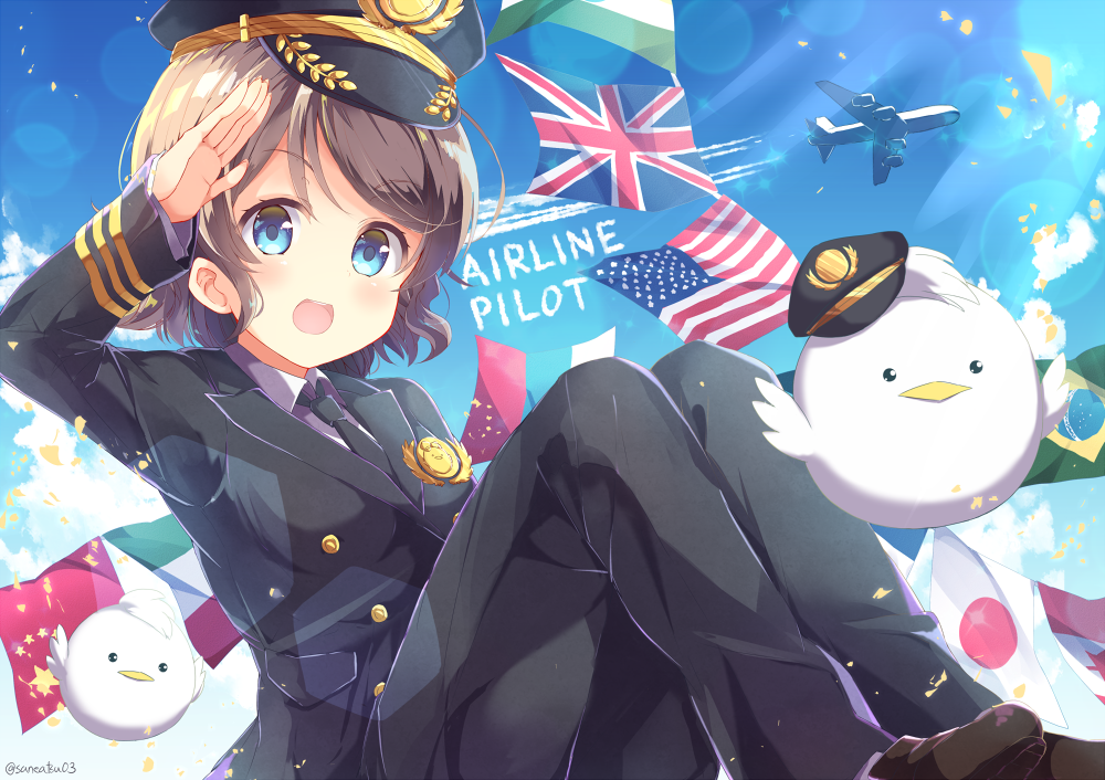 1girl :d aircraft airplane american_flag black_necktie black_pants blue_eyes brazilian_flag brown_hair commentary_request condensation_trail flag grey_hair italian_flag japanese_flag long_sleeves looking_at_viewer love_live! love_live!_sunshine!! minami_kotori_(bird) necktie niwasane_(saneatsu03) open_mouth pants people's_republic_of_china_flag pilot pilot_uniform salute shoes short_hair smile solo twitter_username uniform union_jack watanabe_you