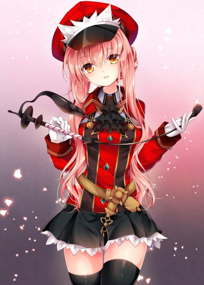 1girl ascot belt black_ascot black_legwear black_skirt blush brown_eyes cowboy_shot eyebrows_visible_through_hair fate/grand_order fate_(series) gloves gradient gradient_background hair_between_eyes hat head_tilt holding light_particles long_hair long_sleeves looking_at_viewer medb_(fate/grand_order) military military_uniform nogi_takayoshi parted_lips peaked_cap petticoat pink_background pink_hair pleated_skirt red_hat riding_crop skirt sleeve_cuffs smile solo standing thigh-highs thigh_gap uniform very_long_hair white_gloves wing_collar zettai_ryouiki