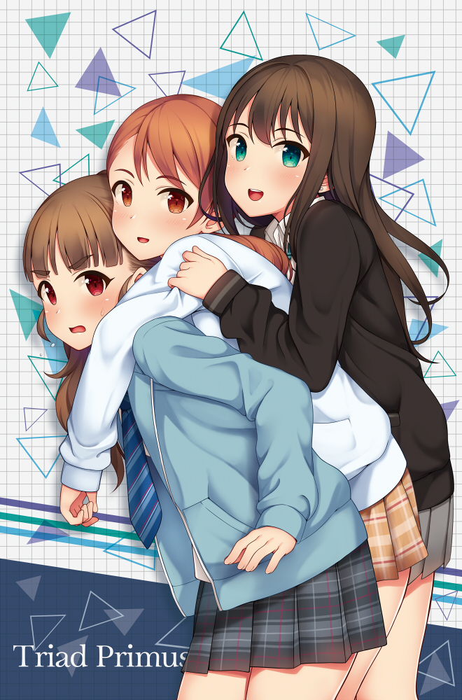 10s 3girls blush brown_eyes brown_hair girl_sandwich green_eyes hiiragi_hajime houjou_karen hug hug_from_behind idolmaster idolmaster_cinderella_girls kamiya_nao long_hair looking_at_viewer multiple_girls necktie open_mouth red_eyes sandwiched school_uniform shibuya_rin smile triad_primus