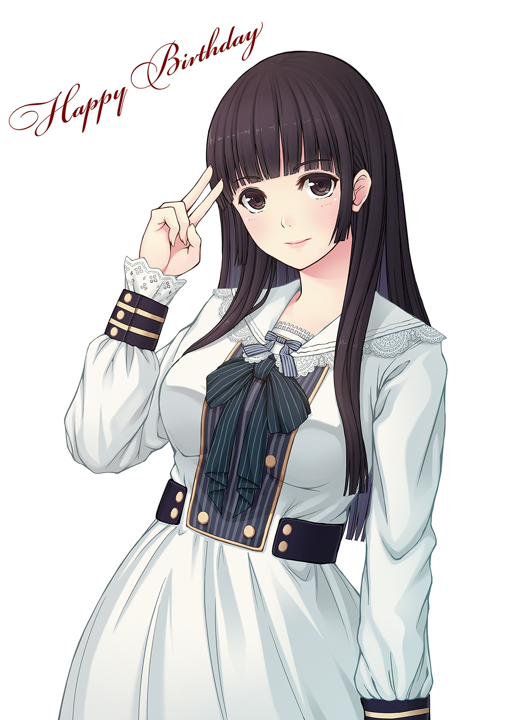 1girl bangs belt birthday black_eyes black_hair blunt_bangs dress happy_birthday highres long_hair looking_at_viewer real_life seiyuu solo uesaka_sumire v white_background yumemizuki