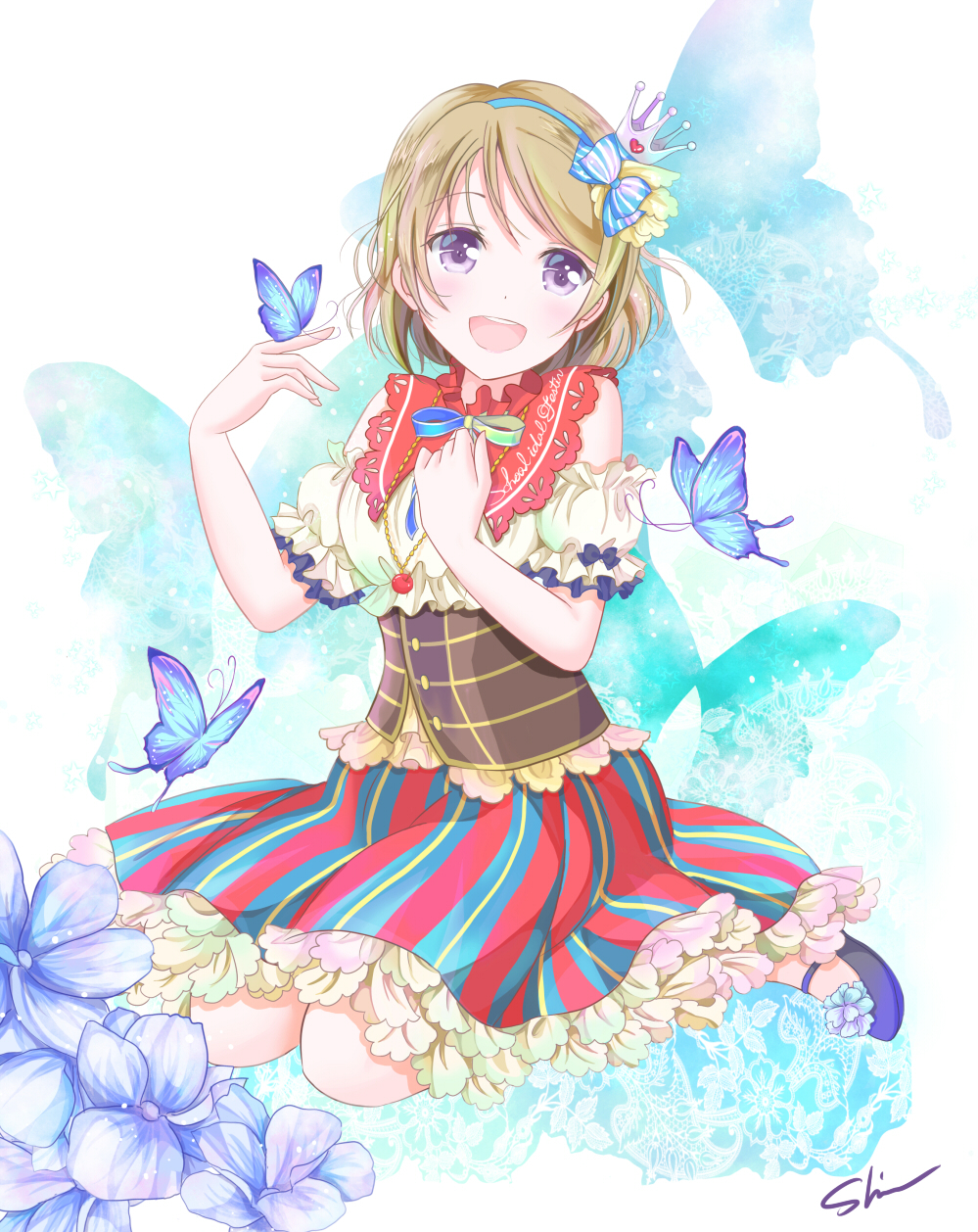 1girl blush brown_hair butterfly eyebrows_visible_through_hair hairband highres koizumi_hanayo looking_at_viewer love_live! love_live!_school_idol_festival love_live!_school_idol_project no_socks open_mouth shino_(shinderera) short_hair sitting smile solo violet_eyes wariza