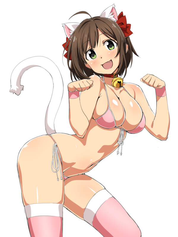 10s 1girl ahoge animal_ears arched_back bangs bare_shoulders bell bell_collar bikini blush breasts brown_hair cat_ears cat_tail chikuishi cleavage collar collarbone commentary_request fang front-tie_top green_eyes hair_ribbon hands_up hips idolmaster idolmaster_cinderella_girls large_breasts looking_at_viewer maekawa_miku navel open_mouth paw_pose pink_bikini pink_legwear red_ribbon ribbon shiny shiny_skin short_hair side-tie_bottom simple_background smile swept_bangs swimsuit tail thighs waist white_background wristband