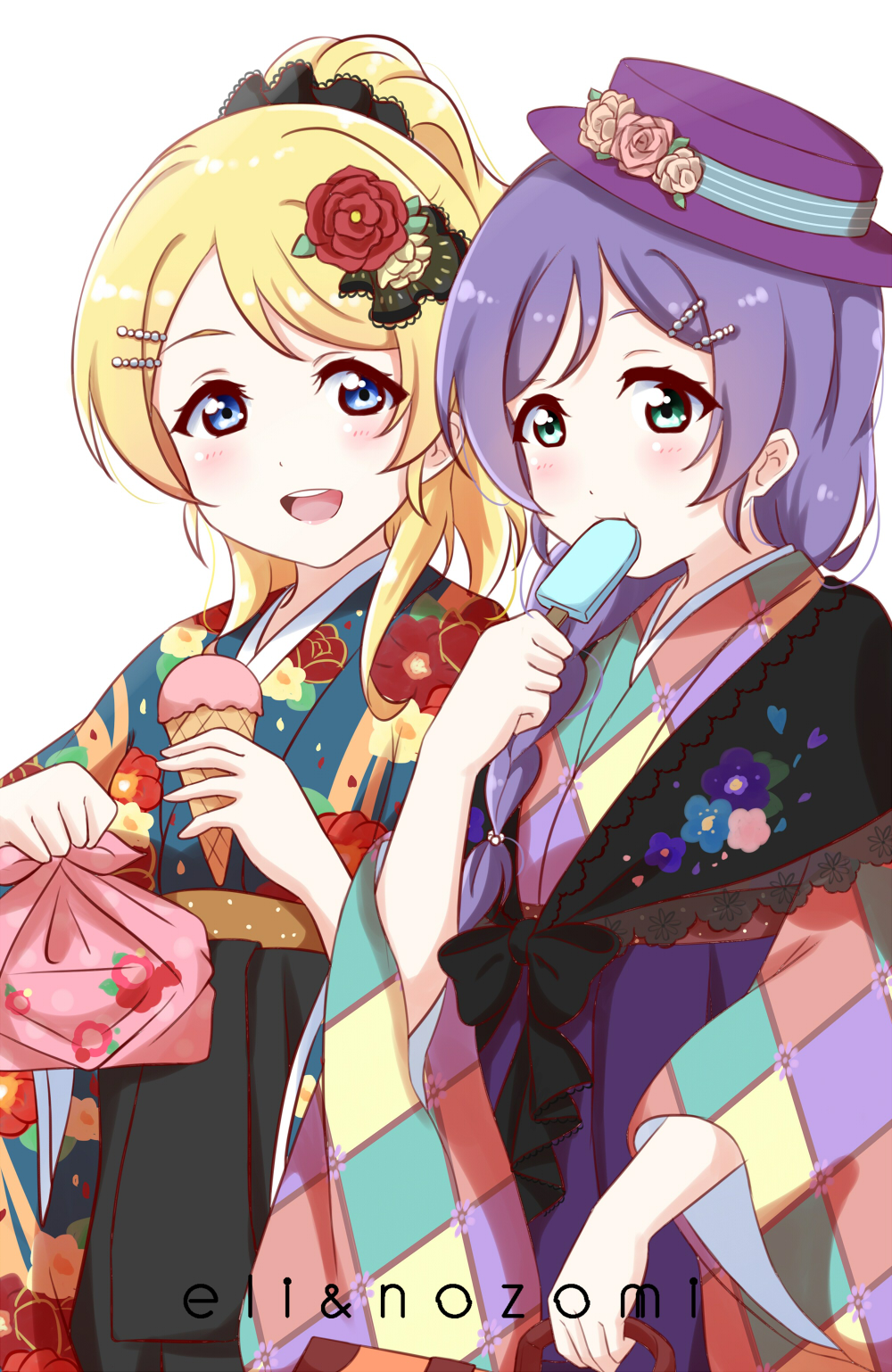 2girls :d artist_request ayase_eli blonde_hair blue_eyes blush braid character_name checkered checkered_kimono eating floral_print flower food furoshiki green_eyes hair_flower hair_ornament hair_over_shoulder hairpin hat hat_flower highres ice_cream_cone japanese_clothes kimono long_hair looking_at_viewer love_live! love_live!_school_idol_project multiple_girls open_mouth ponytail popsicle purple_hair purple_hat simple_background single_braid smile toujou_nozomi white_background wide_sleeves