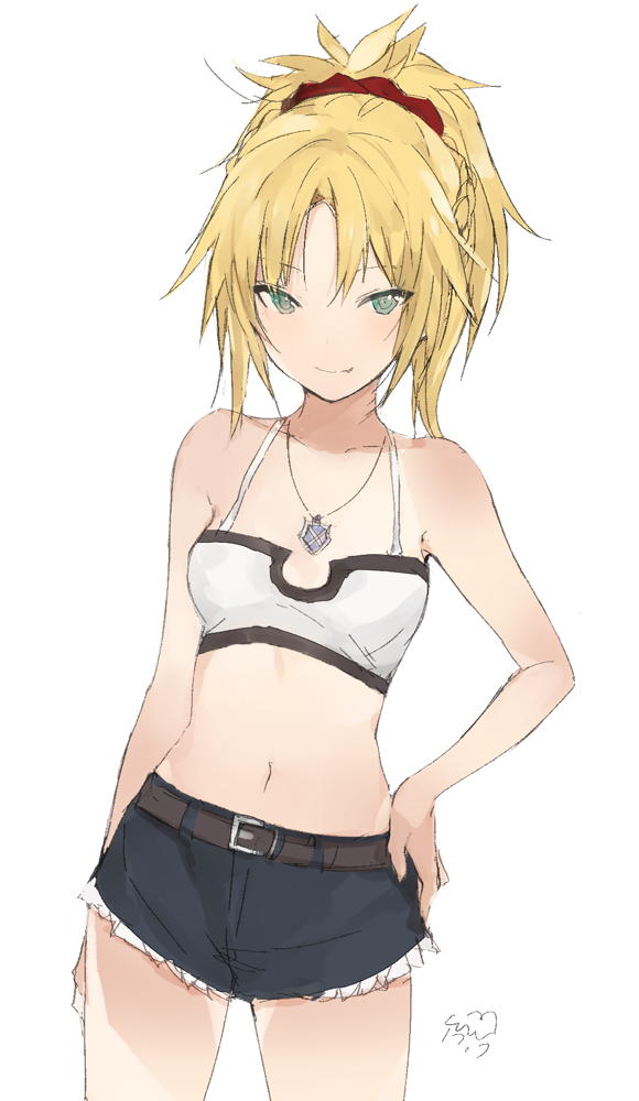 1girl blonde_hair breasts closed_mouth denim denim_shorts fate/apocrypha fate_(series) green_eyes looking_at_viewer lpip ponytail saber_of_red shorts simple_background smile solo white_background
