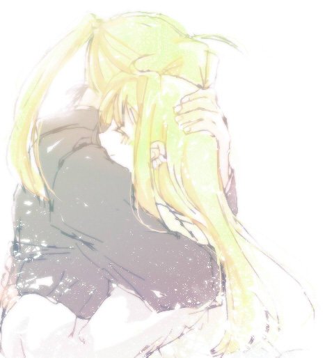 1boy 1girl black_shirt blonde_hair blush closed_eyes couple earrings edward_elric eyebrows_visible_through_hair fullmetal_alchemist hand_on_another's_head happy hetero hug jacket jewelry long_hair ponytail shirt simple_background smile tsukuda0310 white_background winry_rockbell