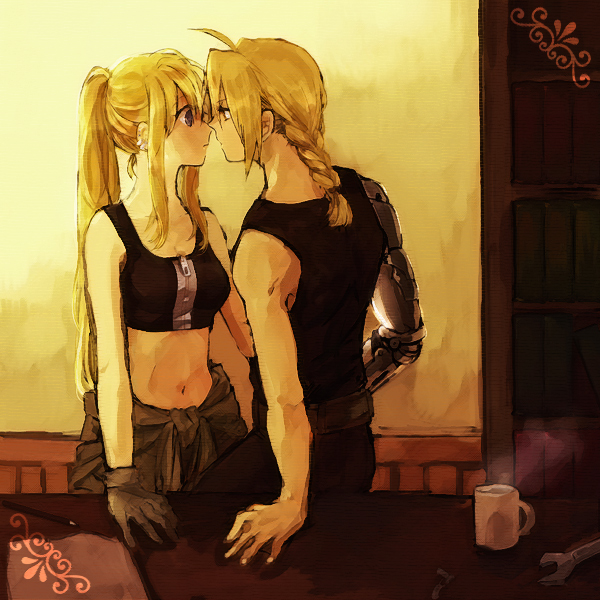 1boy 1girl automail belt black_shirt blonde_hair blue_eyes bookshelf braid clothes_around_waist cup edward_elric eye_contact eyebrows_visible_through_hair fullmetal_alchemist gloves hand_on_table imminent_kiss jacket_around_waist long_hair looking_at_another mug navel pants ponytail shirt sleeveless table tank_top tsukuda0310 very_long_hair wall winry_rockbell wrench yellow_eyes