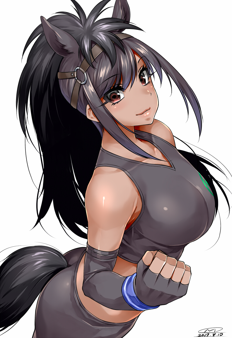 1girl animal_ears bangs bare_shoulders black_gloves black_hair blush breasts brown_eyes character_request closed_mouth cowboy_shot elbow_gloves fingerless_gloves from_side gloves hairband happa_(cloverppd) high_ponytail kemono_friends large_breasts long_hair looking_at_viewer looking_to_the_side sidelocks smile solo sports_bikini swept_bangs tail wristband