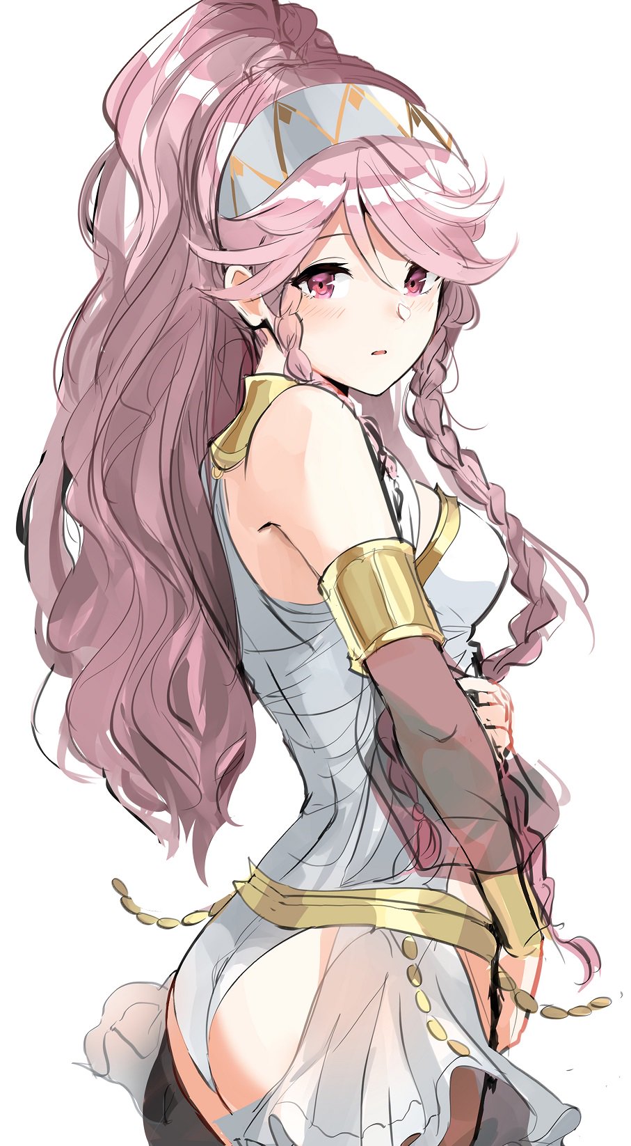 1girl blush braid dress elbow_gloves fire_emblem fire_emblem:_kakusei fire_emblem_heroes gloves highres looking_at_viewer olivia_(fire_emblem) ormille pink_hair ponytail red_eyes simple_background