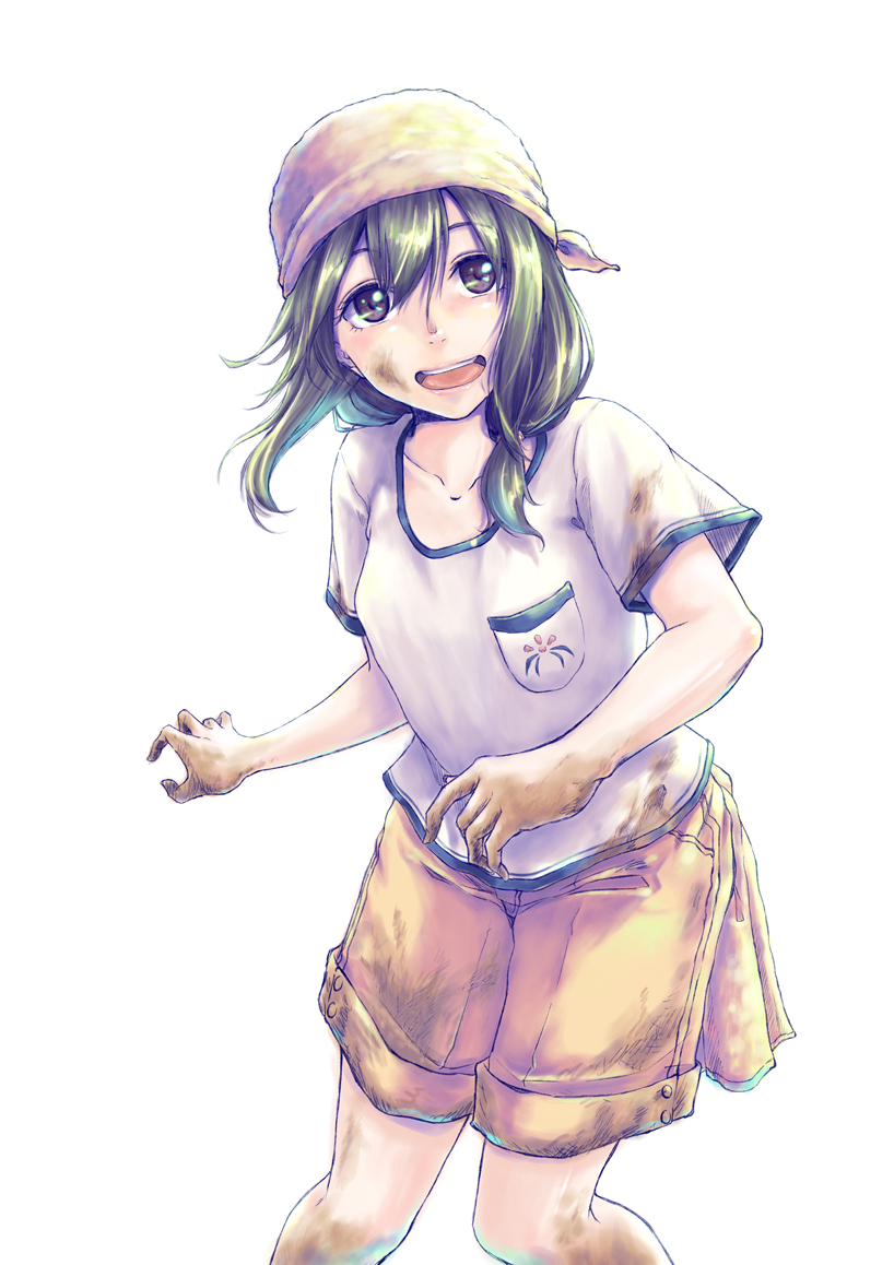 10s 1girl black_hair blush brown_eyes dirty fujiwara_hajime head_scarf idolmaster idolmaster_cinderella_girls long_hair looking_at_viewer mud seven_star shirt shorts simple_background smile solo white_background