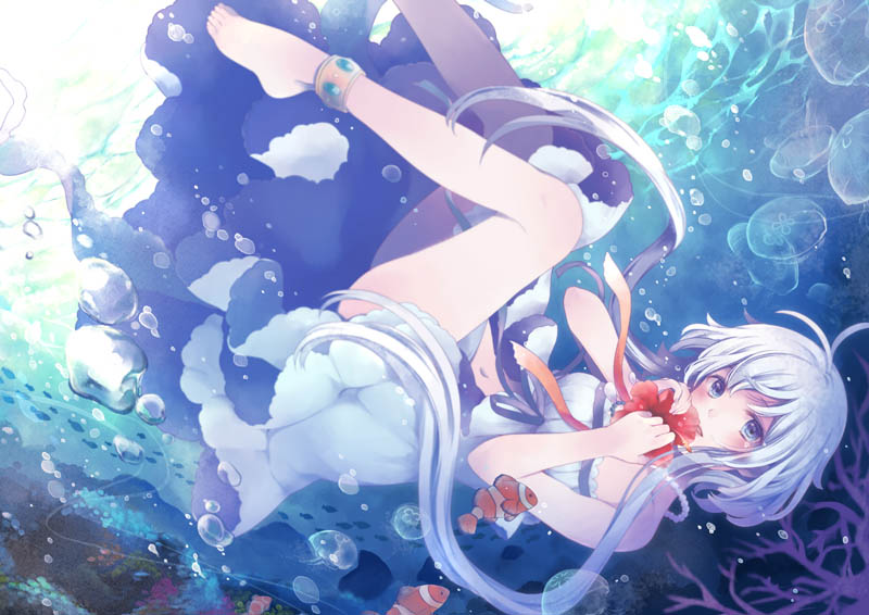 1girl ahoge anklet bangs barefoot blue_dress blue_eyes blue_hair blush breasts bubble commentary_request dress holding_ribbon jewelry looking_at_viewer medium_breasts millcutto navel open_clothes open_dress original red_ribbon ribbon short_hair_with_long_locks solo underwater upside-down