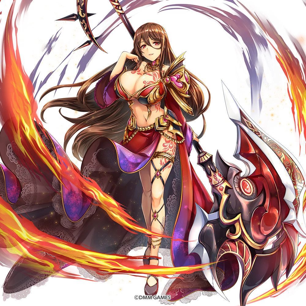 argos_(kami_project) armor axe bikini_armor breast_tattoo breasts brown_hair choker cleavage cross-laced_footwear detached_sleeves dmm dress fire garter_straps gem hair_blowing hip_armor holding_axe huge_breasts huge_weapon jewelry kami_project long_dress long_hair looking_at_viewer magic navel necklace official_art ornate_armor ornate_weapon red_eyes side_slit spaulders tattoo very_long_hair weapon