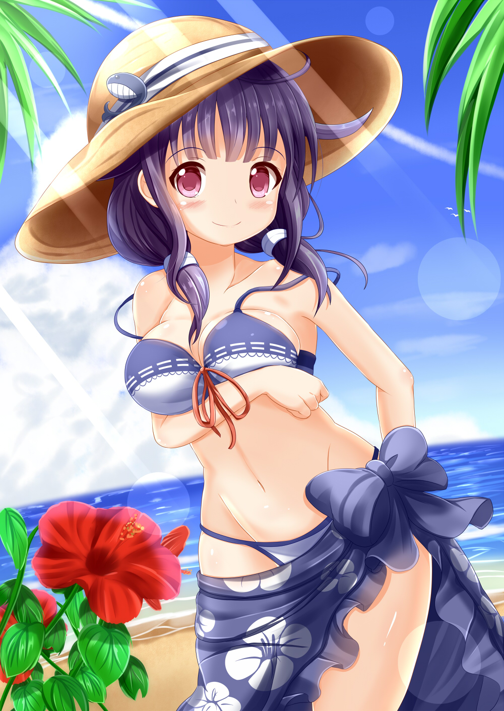 1girl beach bikini blush breast_hold breasts coconut_tree flower hair_flaps hair_ornament hat highres kantai_collection low_twintails palm_tree purple_hair red_eyes sand sarong solo sun_hat sunlight swimsuit taigei_(kantai_collection) tree twintails water whale_hair_ornament zenon_(for_achieve)