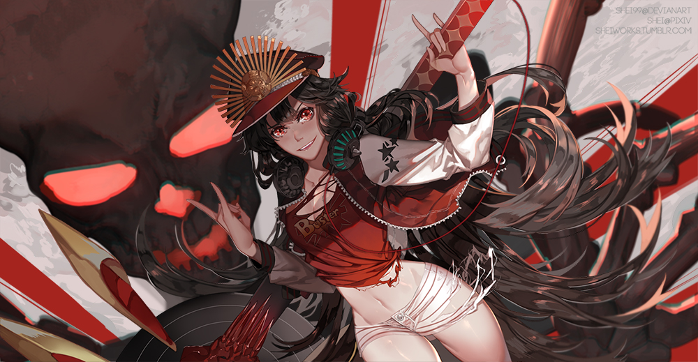 1girl \m/ black_hair breasts buster_shirt cleavage demon_archer dutch_angle family_crest fate/grand_order fate_(series) grin hat jacket long_hair looking_at_viewer navel oda_nobunaga_(swimsuit_berserker)_(fate) oda_uri over_shoulder peaked_cap red_eyes shei99 shirt shorts skull smile solo torn_clothes torn_shirt torn_shorts very_long_hair weapon weapon_over_shoulder white_shorts