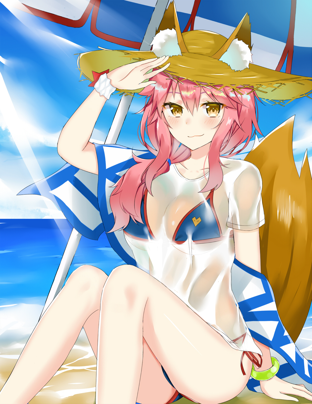 1girl :3 animal_ears beach_umbrella blush breasts cleavage closed_mouth collarbone fate/grand_order fate_(series) fox_ears fox_tail hat highres innertube large_breasts looking_at_viewer short_sleeves sitting smile solo swimsuit swon_(joy200892) tail tamamo_(fate)_(all) tamamo_no_mae_(swimsuit_lancer)_(fate) umbrella yellow_eyes