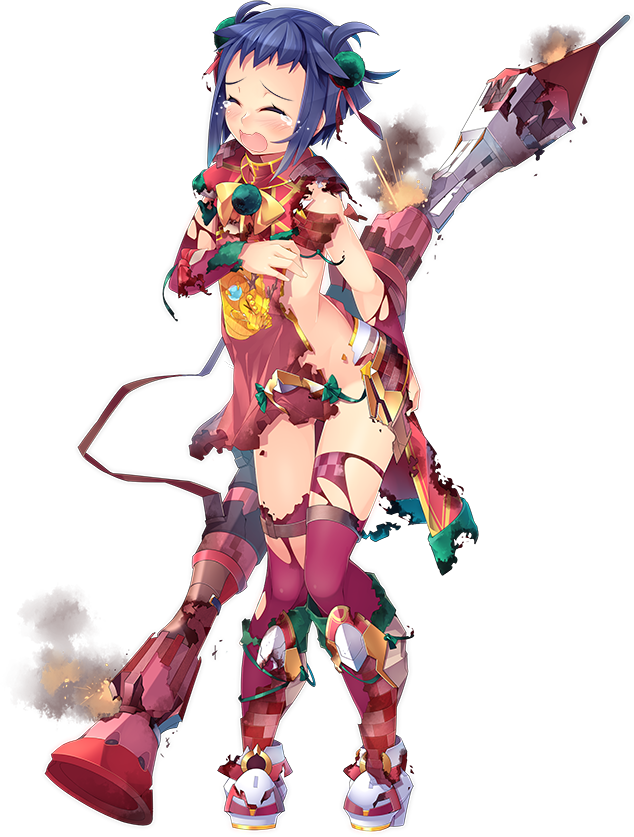 1girl anping_kohou(oshiro_project) bazooka blue_hair boots closed_eyes crying detached_sleeves full_body hair_ornament holding holding_weapon kokka_han official_art open_mouth oshiro_project oshiro_project_re purple_legwear short_hair thigh-highs torn_clothes torn_thighhighs transparent_background weapon