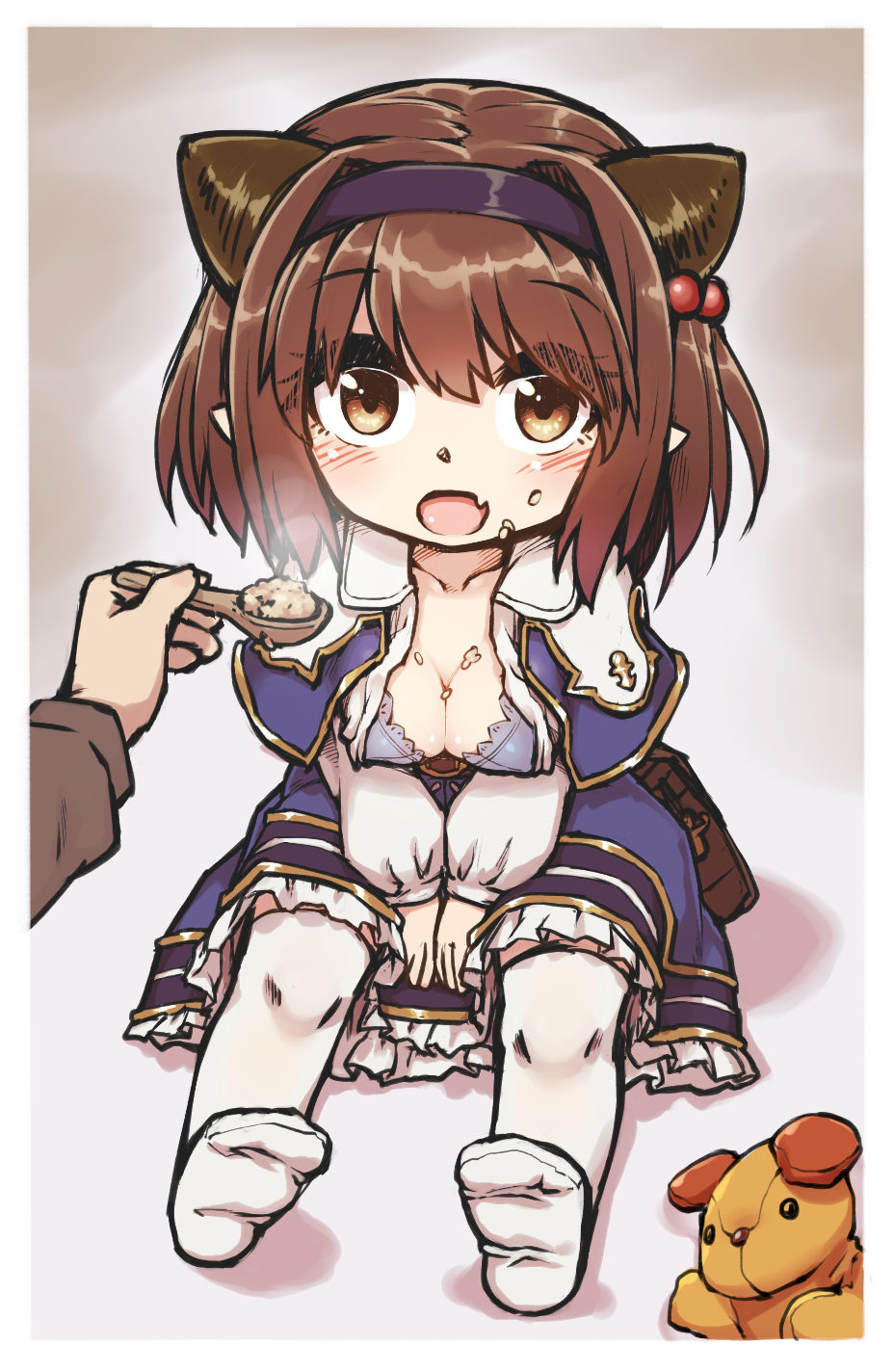 10s 1girl blush breasts brown_hair cleavage doraf fang feeding food granblue_fantasy hairband highres horns looking_at_viewer open_mouth oppai_loli pointy_ears rutsubo simple_background solo_focus thigh-highs yaia_(granblue_fantasy)