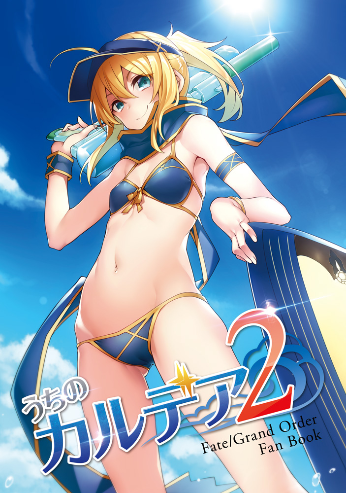 1girl armlet artoria_pendragon_(all) bangs bare_shoulders bikini blonde_hair blush bracelet breasts closed_mouth clouds cover cover_page day doujin_cover eyebrows_visible_through_hair fate/grand_order fate_(series) green_eyes groin hair_between_eyes heroine_x jewelry kodama_yuu long_hair looking_at_viewer navel palm_tree ponytail scarf sidelocks sky small_breasts smile solo standing sun surfboard swimsuit tree visor_cap wading water water_gun yellow_eyes
