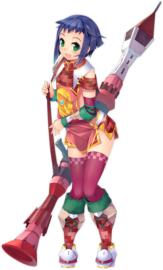 1girl :d anping_kohou(oshiro_project) bazooka blue_hair boots detached_sleeves full_body green_eyes holding holding_weapon kokka_han official_art open_mouth oshiro_project oshiro_project_re purple_legwear short_hair smile thigh-highs transparent_background weapon