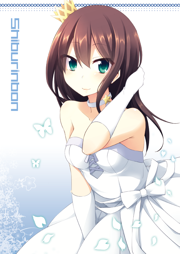 10s 1girl bangs bare_shoulders breasts brown_hair butterfly closed_mouth commentary_request cover cover_page crown doujin_cover dress elbow_gloves gloves green_eyes hand_in_hair idolmaster idolmaster_cinderella_girls long_hair looking_at_viewer medium_breasts mini_crown nagami_yuu petals shibuya_rin smile solo upper_body wedding_dress white_dress white_gloves