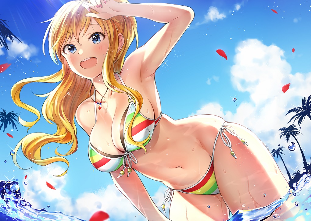 10s 1girl armpits bare_arms bare_legs bikini blonde_hair blue_eyes blue_skirt breasts cleavage clouds cloudy_sky halter_top halterneck idolmaster idolmaster_cinderella_girls jewelry large_breasts leaning_forward long_hair navel necklace ootsuki_yui open_mouth palm_tree revision side-tie_bikini skirt sky smile solo standing stomach striped striped_bikini summer sunlight swimsuit takeya_y0615 tree wading water wavy_hair