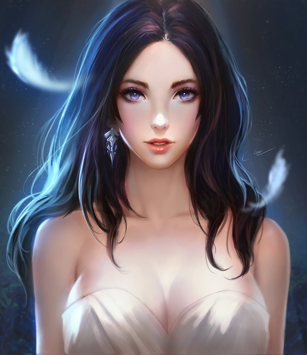1girl bare_shoulders black_hair breasts cleavage collarbone dress earrings feathers highres jewelry large_breasts lips long_hair looking_at_viewer nguyen_uy_vu original parted_lips realistic signature sleeveless sleeveless_dress solo violet_eyes white_dress white_skin