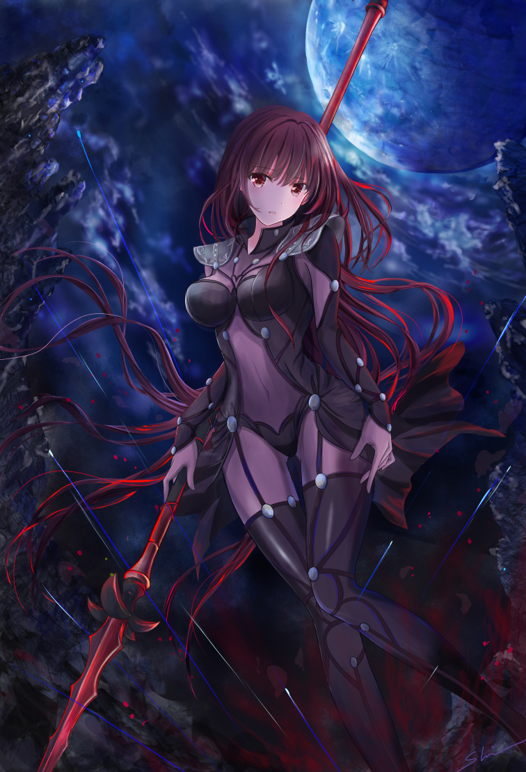 1girl black_legwear blush breasts brown_hair cleavage eyebrows_visible_through_hair fate/grand_order fate_(series) holding holding_spear holding_weapon large_breasts long_hair looking_at_viewer navel parted_lips polearm red_eyes scathach_(fate/grand_order) shino_(shinderera) smile solo spear thigh-highs weapon