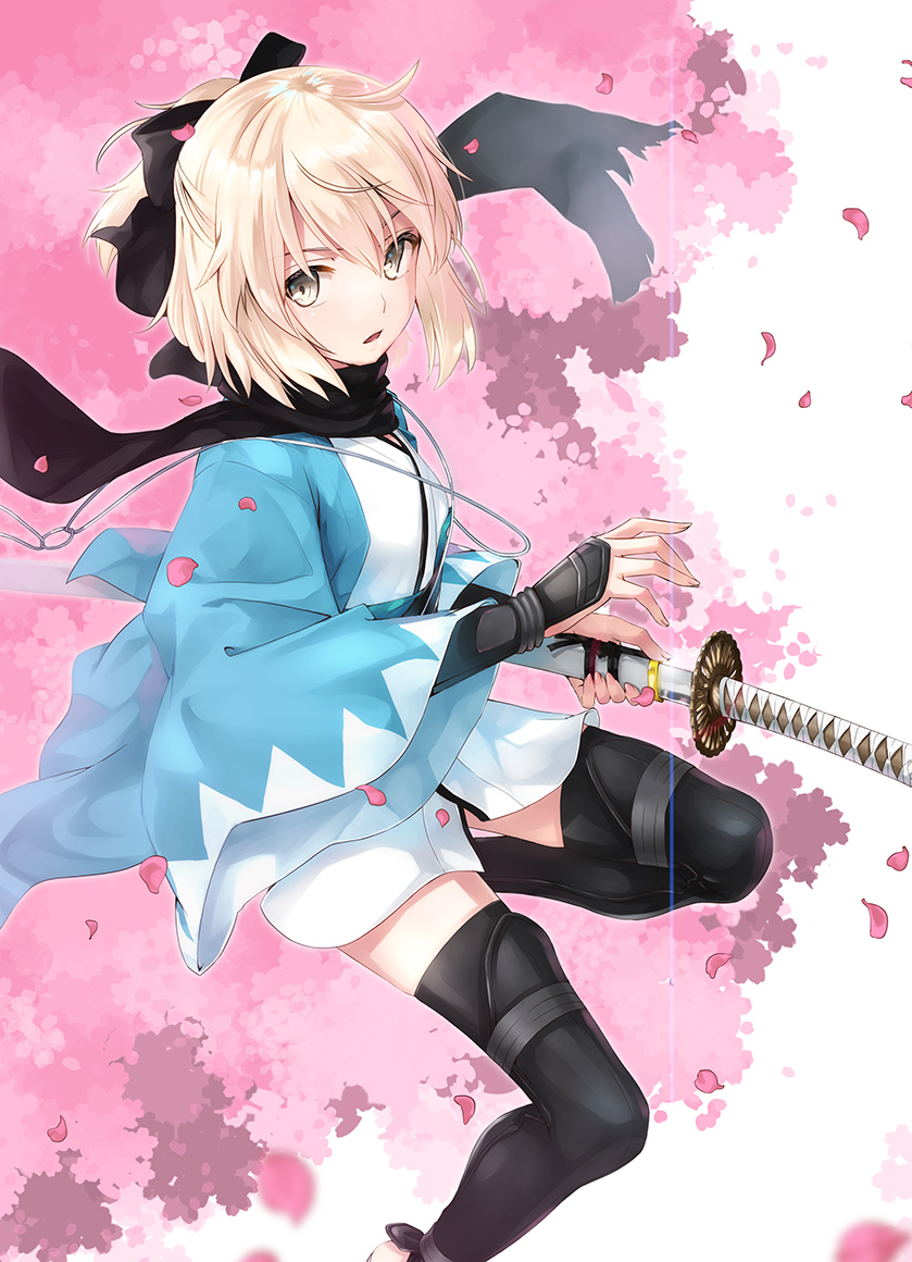 1girl ahoge arm_guards bangs bare_shoulders barefoot black_bow black_legwear black_scarf blonde_hair bow breasts cherry_blossoms commentary_request eyebrows_visible_through_hair fate_(series) hair_between_eyes hair_bow hands_up haori holding holding_sword holding_weapon japanese_clothes katana kimono knee_up koha-ace looking_at_viewer one_leg_raised open_mouth petals sakura_saber scabbard scarf sheath sheathed shinsengumi short_hair short_kimono solo sword thigh-highs weapon white_kimono yellow_eyes yone zettai_ryouiki