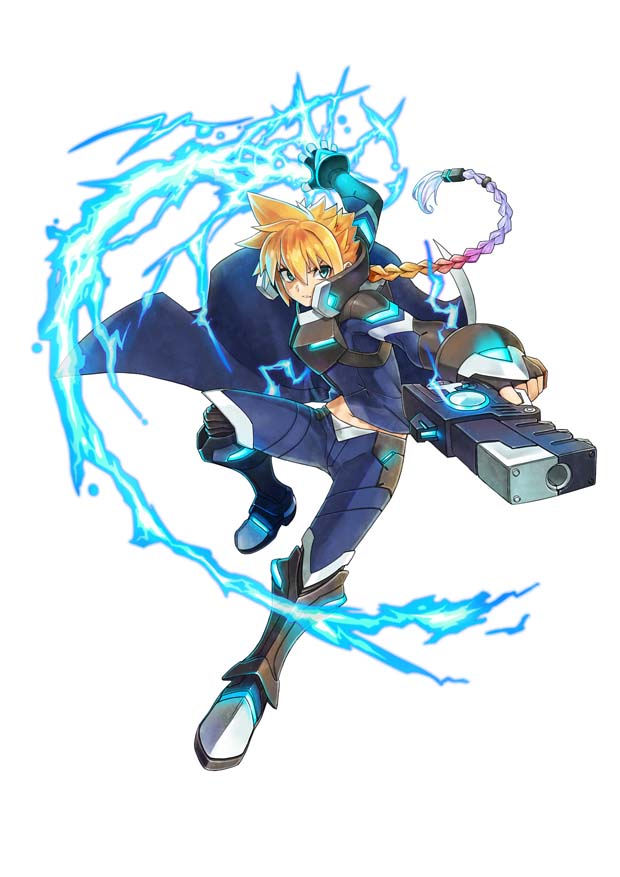 1boy azure_striker_gunvolt blaster_master_zero boots braid electricity full_body gun gunvolt long_coat male_focus navel neon_trim official_art parted_lips pointing pointing_at_viewer simple_background solo weapon white_background