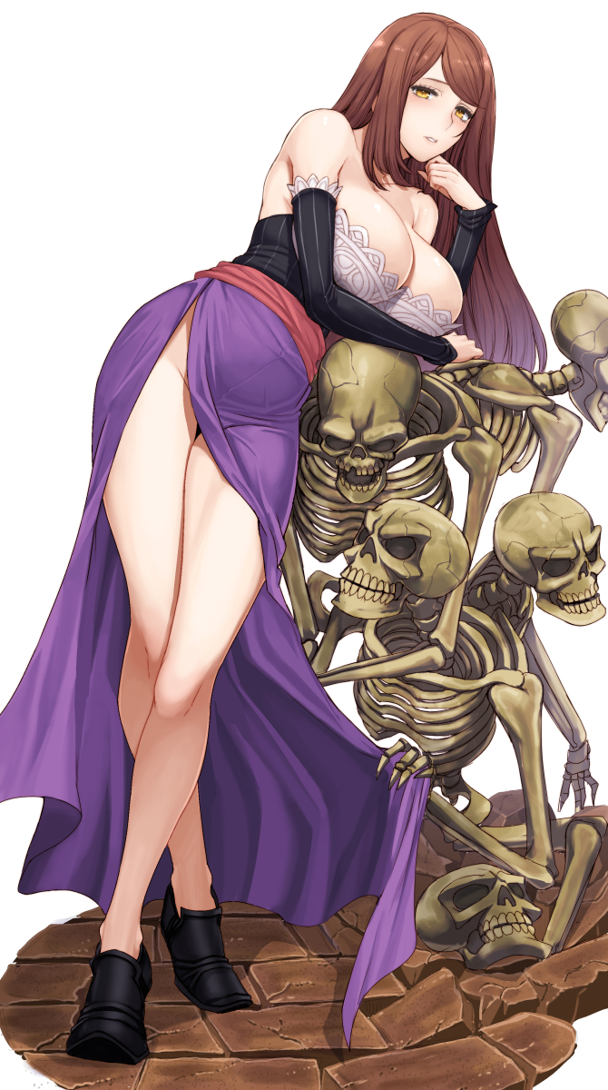 1girl angelo_(gomahangetsu) arm_support breasts brown_eyes brown_hair cleavage commentary_request curvy dragon's_crown hat hat_removed headwear_removed highres large_breasts legs long_hair long_legs looking_at_viewer parted_lips simple_background skeleton solo sorceress_(dragon's_crown) standing thighs white_background wide_hips