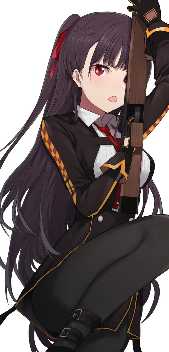 &gt;:o 1girl :o bangs black_gloves black_hair black_legwear black_skirt bullpup girls_frontline gloves gun hair_ribbon high-waist_skirt holding holding_gun holding_weapon jacket knee_up long_hair looking_at_viewer military military_uniform one_side_up open_clothes open_jacket open_mouth pantyhose pinch_(nesume) red_eyes red_ribbon ribbon rifle skirt sniper_rifle solo suspenders uniform wa2000_(girls_frontline) walther walther_wa_2000 weapon